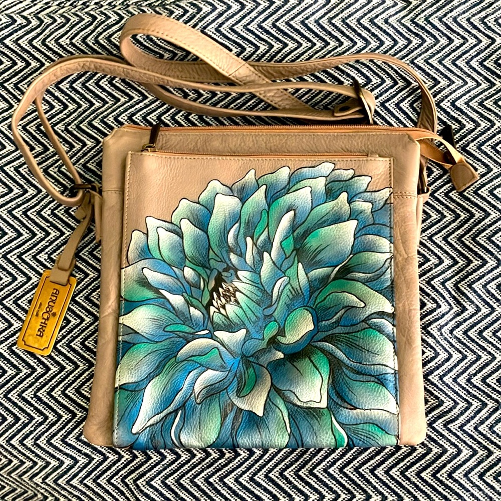 Anuschka taupe leather crossbody bag
